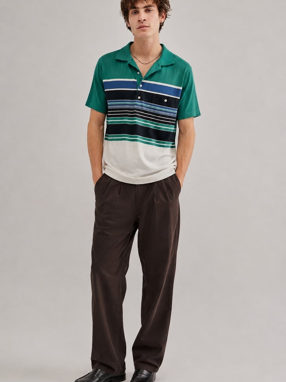 Vintage Green Blue & White Striped Short-Sleeve Polo